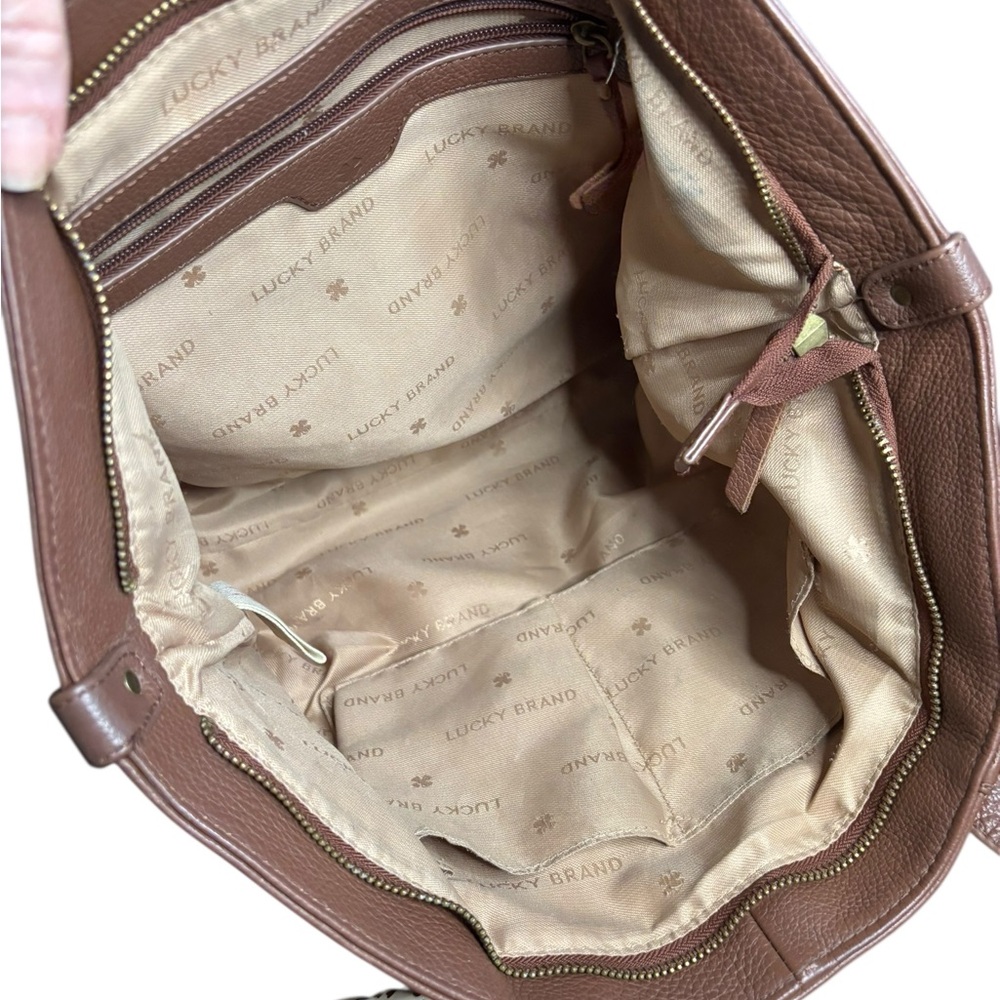 Lucky Brand Brown Leather Tote Bag with Decorative Scarf - Picture 10 of 13
